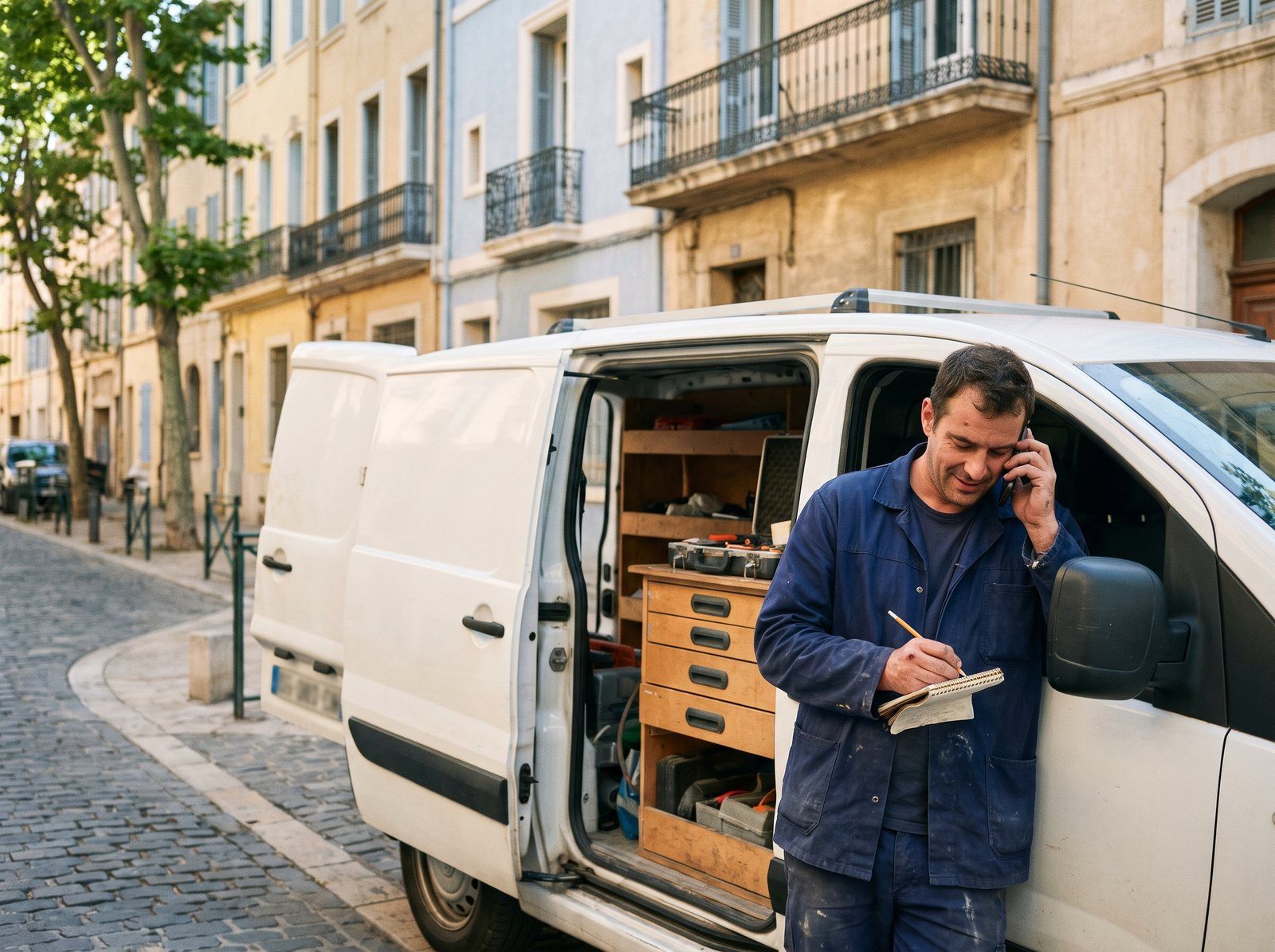 Électricien prenant des notes au téléphone, devant sa camionnette ouverte