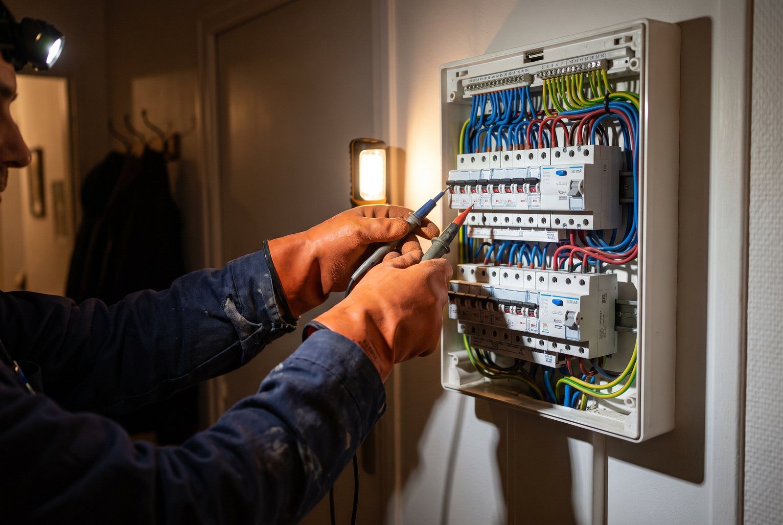 Électricien vérifiant un tableau électrique avec un testeur, à la lumière d'une lampe frontale